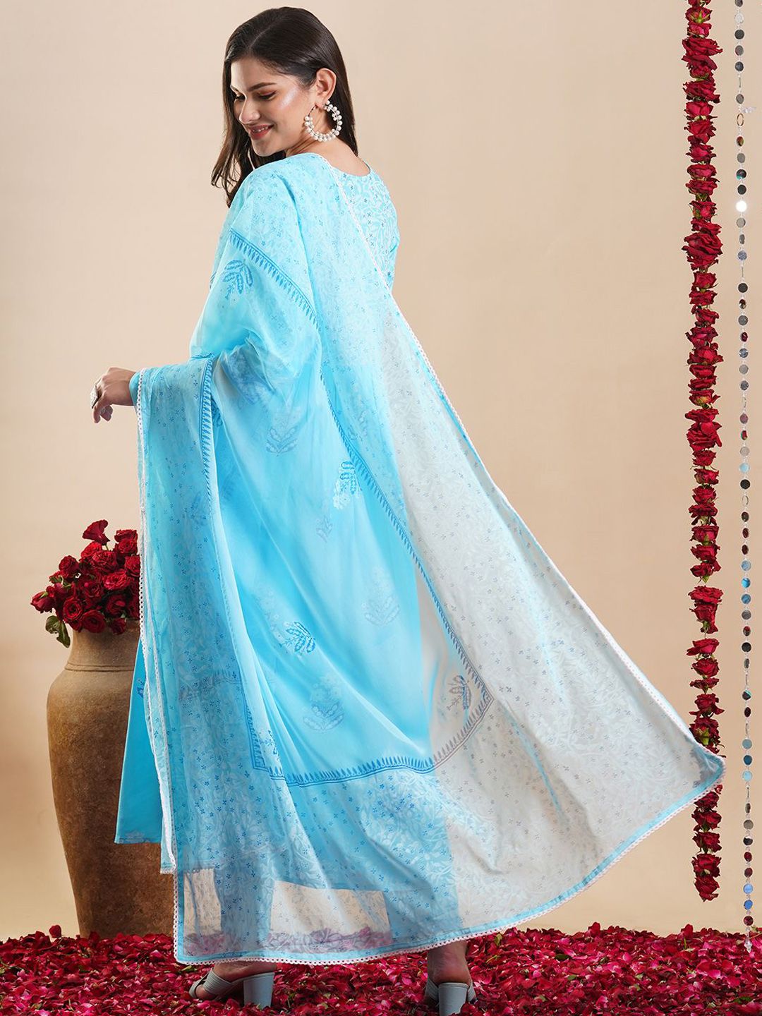 Dhimhi Women's Floral Printed Regular Anarkali Kurta with Trousers & Dupatta