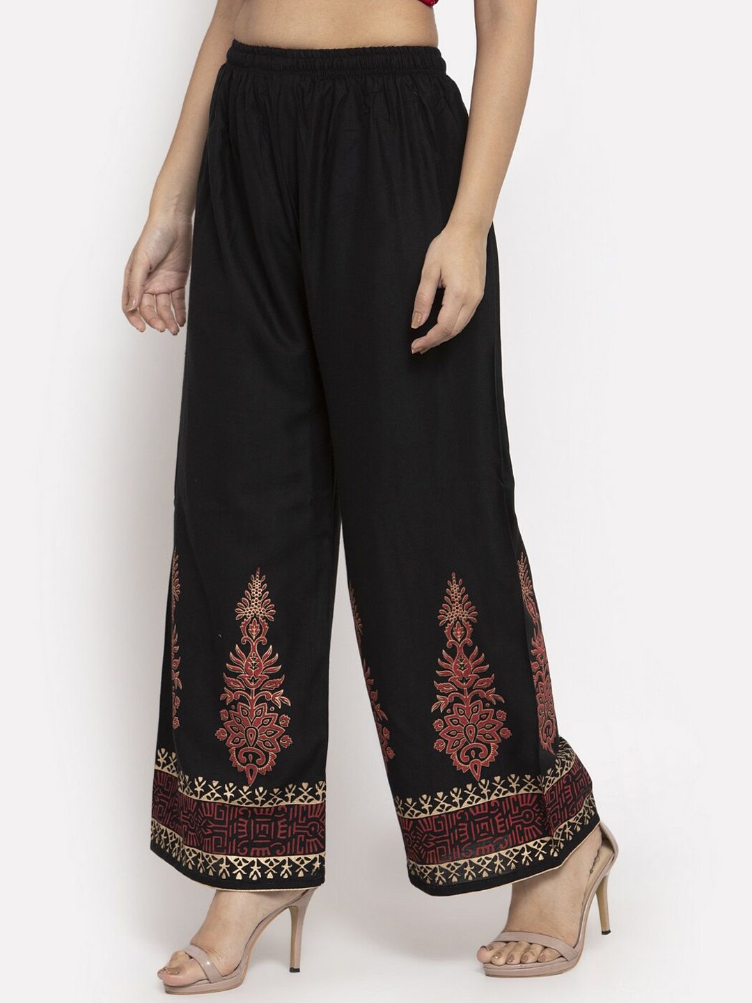 Dhimhi Women's Black Hem Design Straight Palazzos