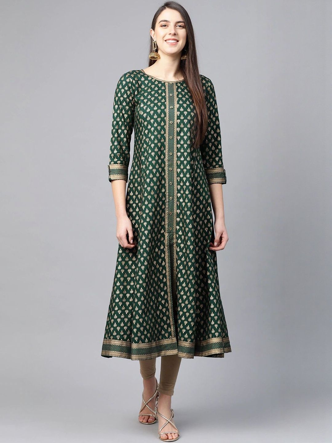 Women Green Viscose Rayon Printed A-Line Kurtas