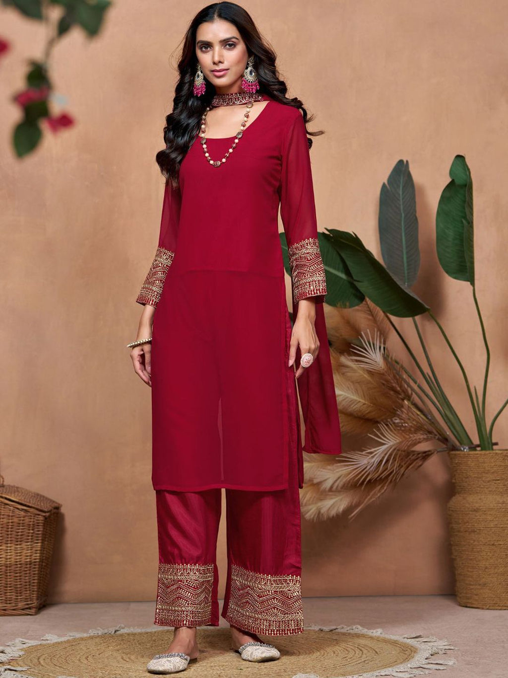 Dhimhi women's embroidered kurta and dupatta set featuring intricate embroidery and traditional design, perfect for festive wear.