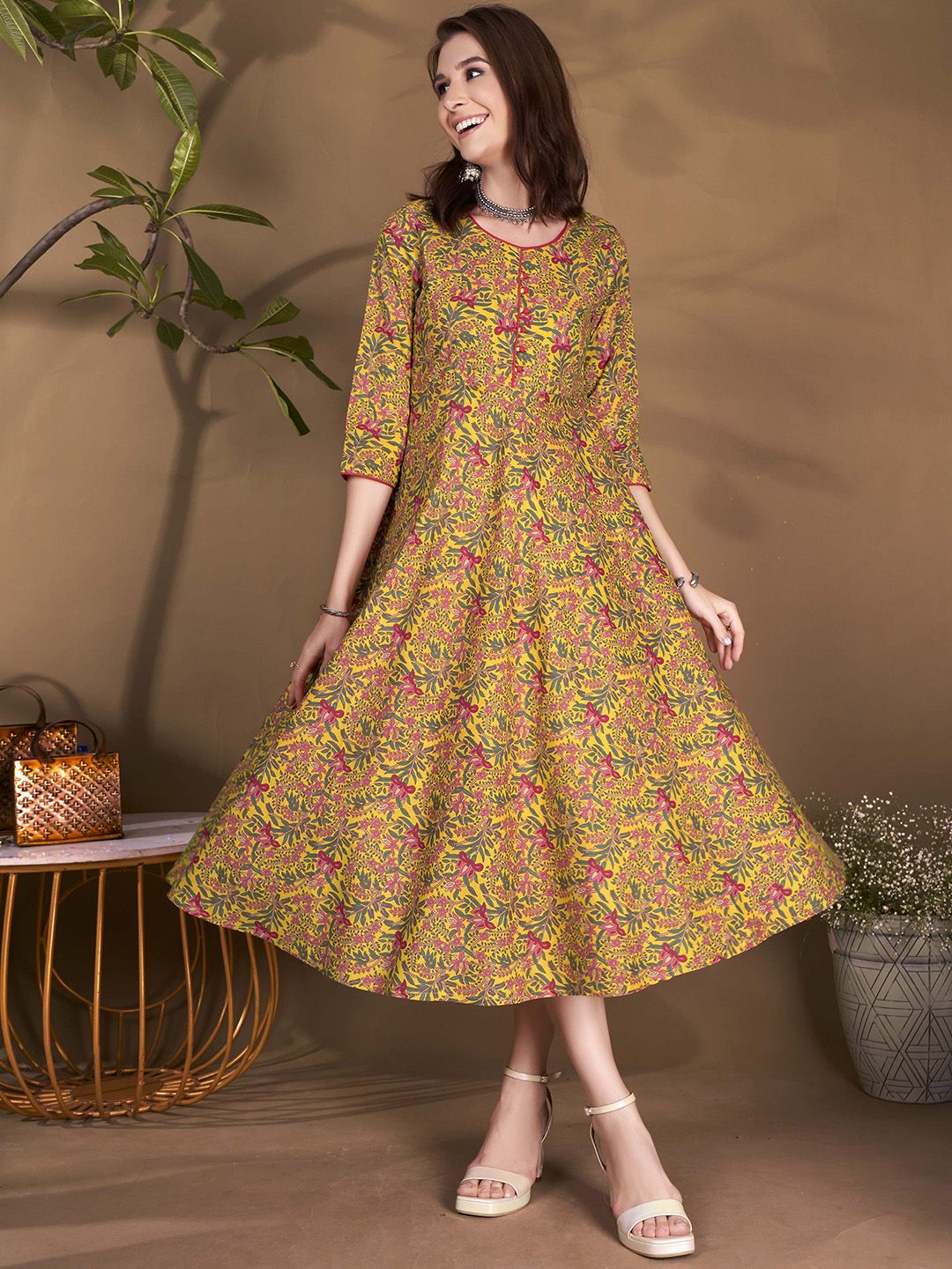 Dhimhi Women's Floral Printed Cotton Fit & Flare Ethnic Dress