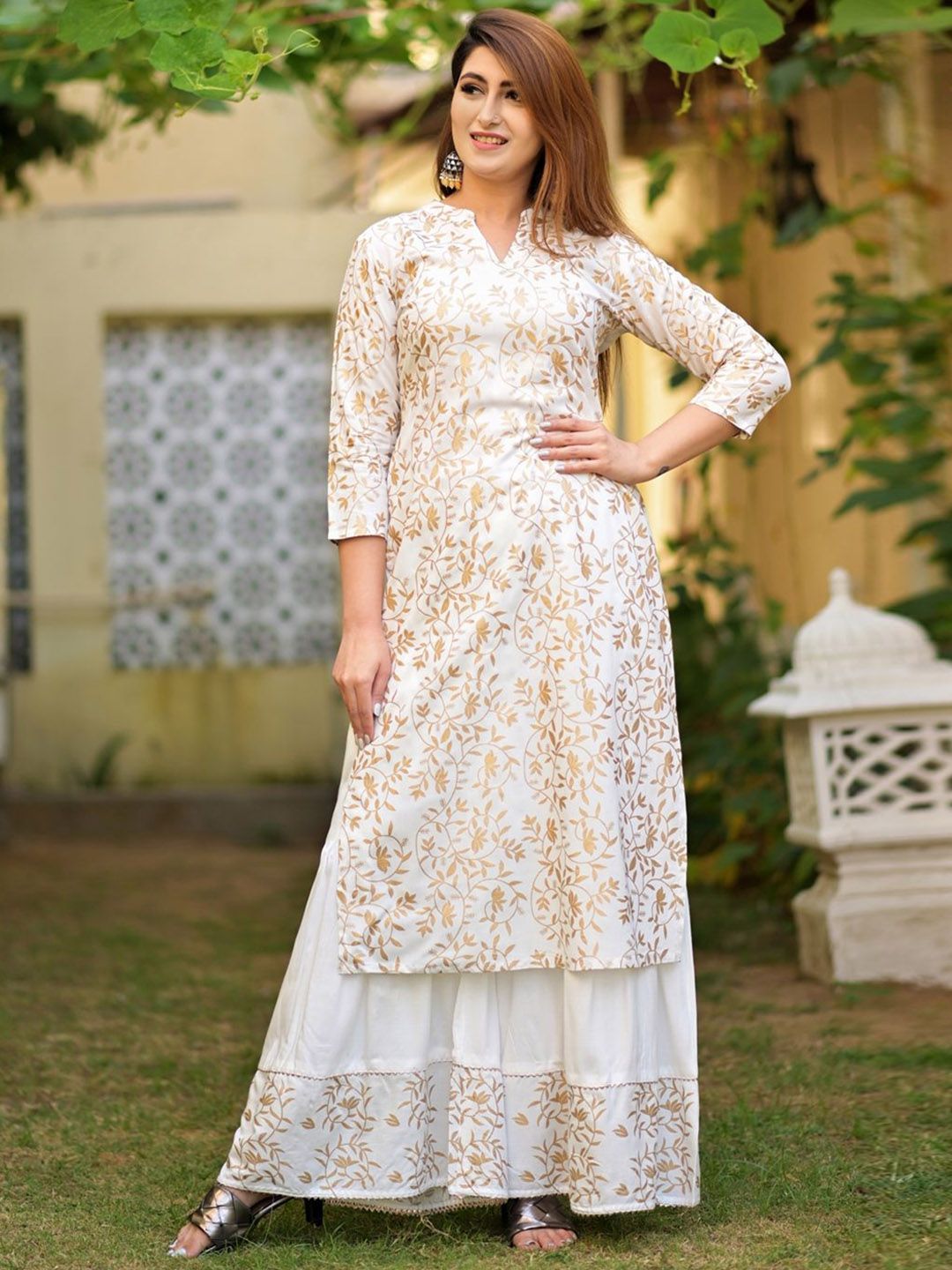 Dhimhi Women's Floral Printed Regular Pure Cotton Kurta with Sharara & With Dupatta