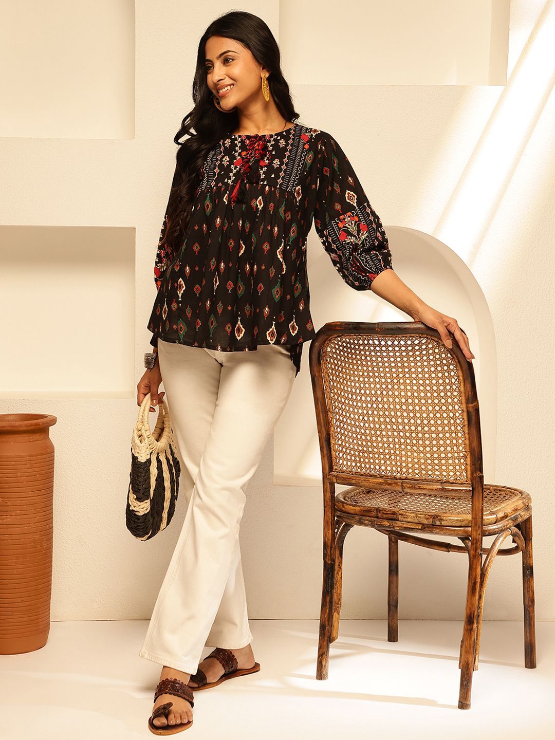 Dhimhi Women's Floral Print Keyhole Neck Puff Sleeve Cotton Peplum Top