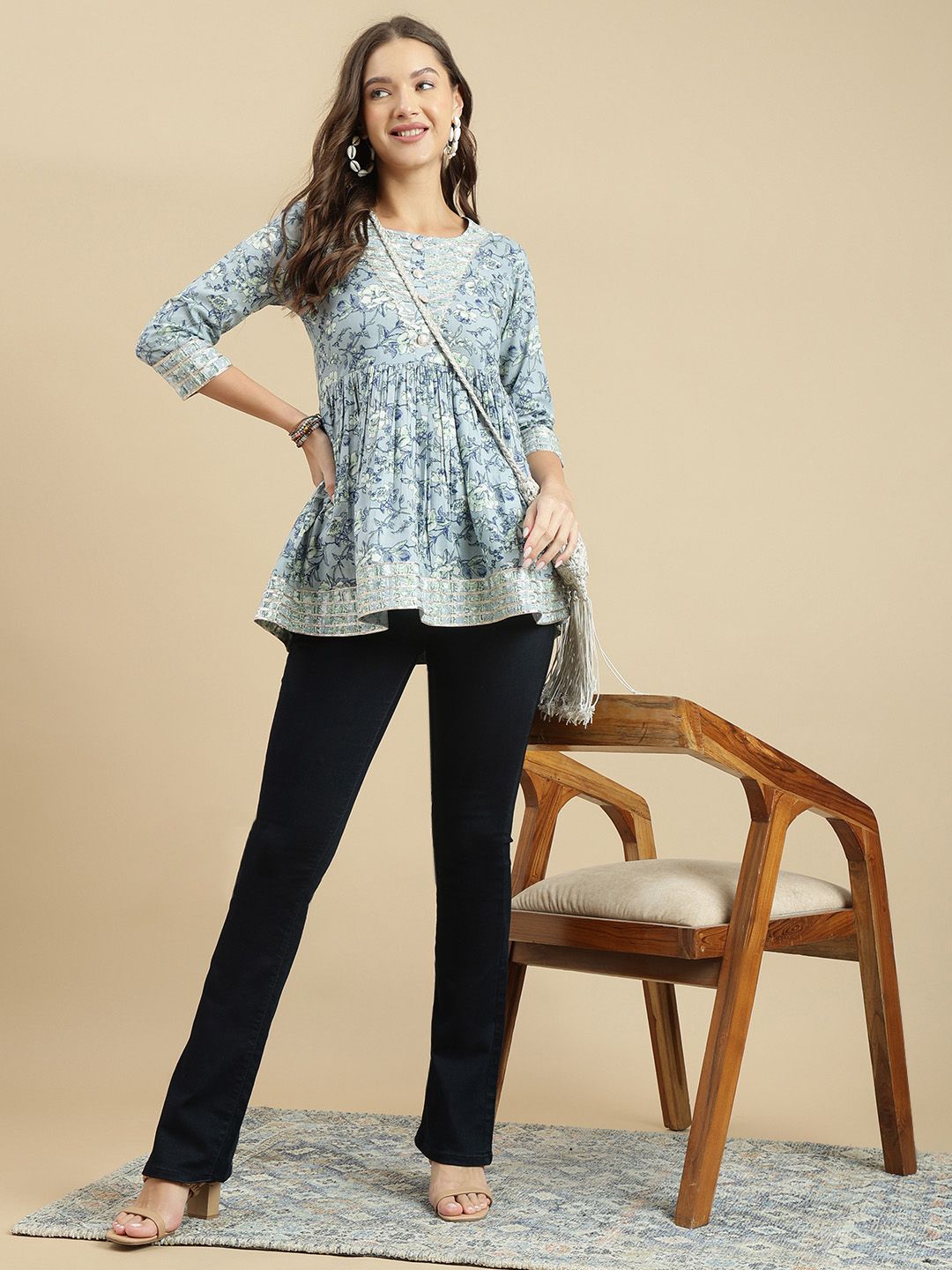 Dhimhi Women's Floral Printed Round Neck Cotton Top