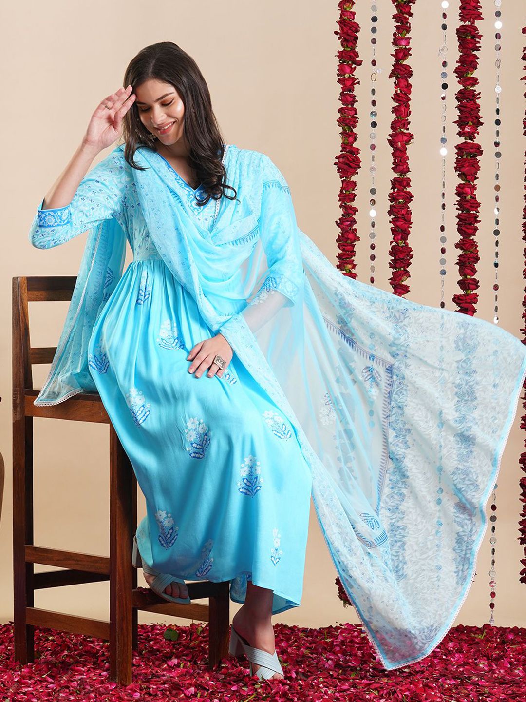 Dhimhi Women's Floral Printed Regular Anarkali Kurta with Trousers & Dupatta