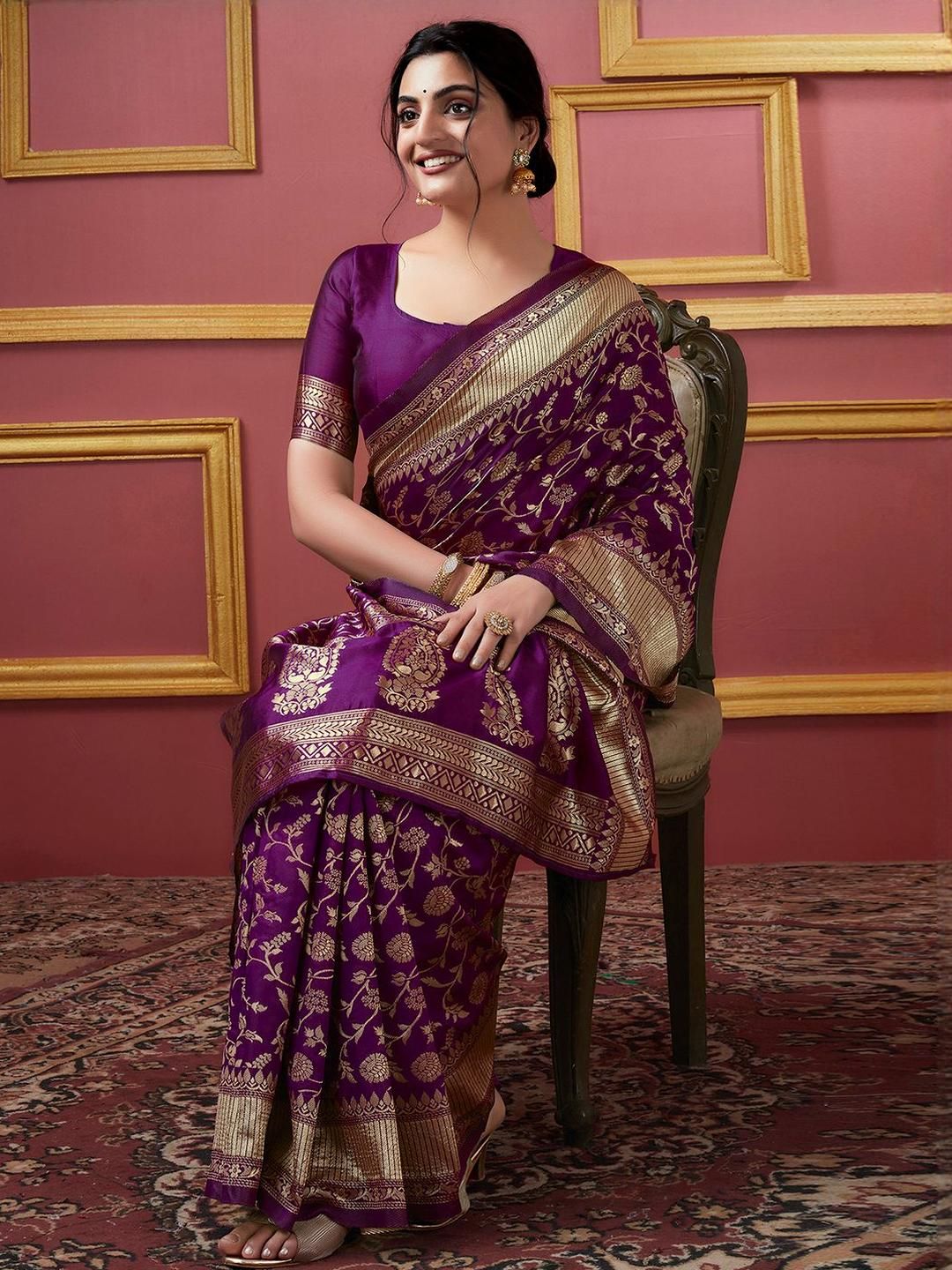 Dhimhi Women's Woven Design Zari Silk Blend Banarasi Saree - dhimhi