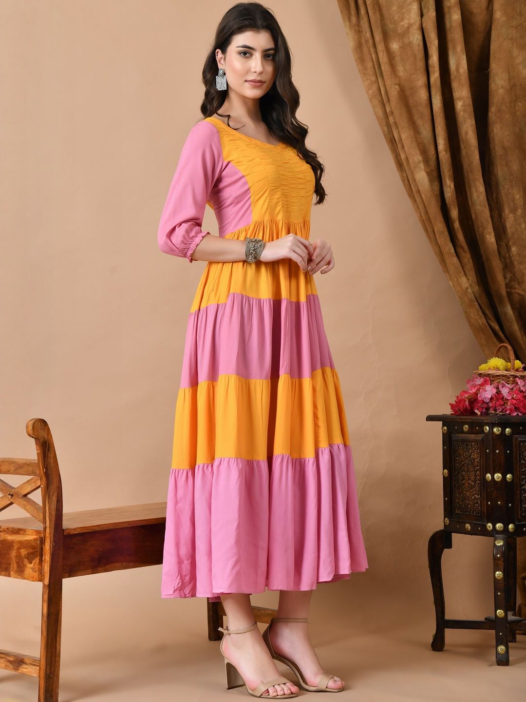 Dhimhi Women's Viscose Rayon Colourblocked Fit & Flared Midi Ethnic Dresses