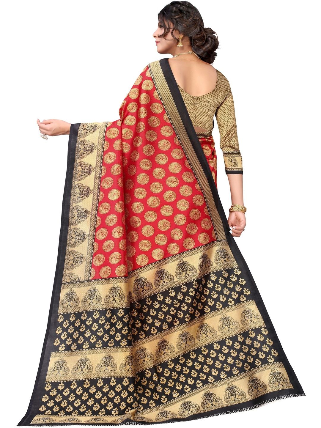 Dhimhi Women's Red & Green Peacock Printed Art Silk Saree
