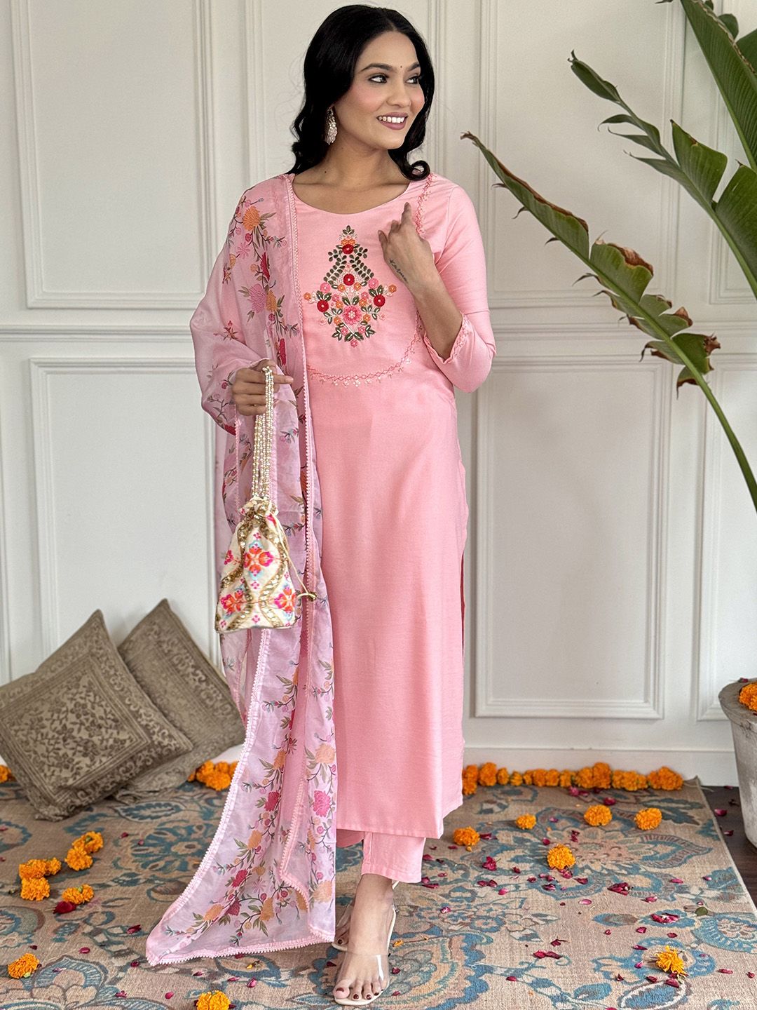 Dhimhi Women's Floral Embroidered Round Neck Straight Kurta With Trousers And Dupatta