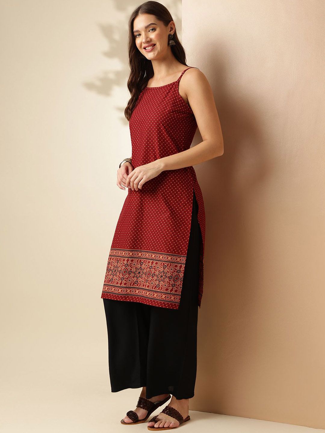 Maroon Polka Dots Printed Shoulder Straps Neck Sleeveless Regular Pure Cotton Kurta