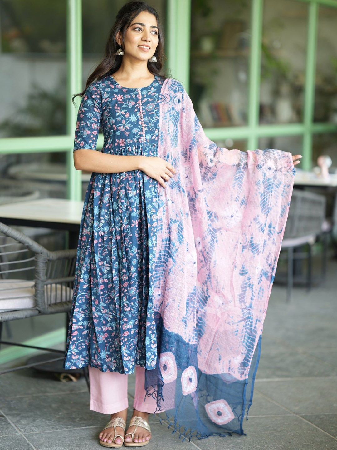 Dhimhi Women's Floral Printed Pleated Kurta with Trouser & Dupatta