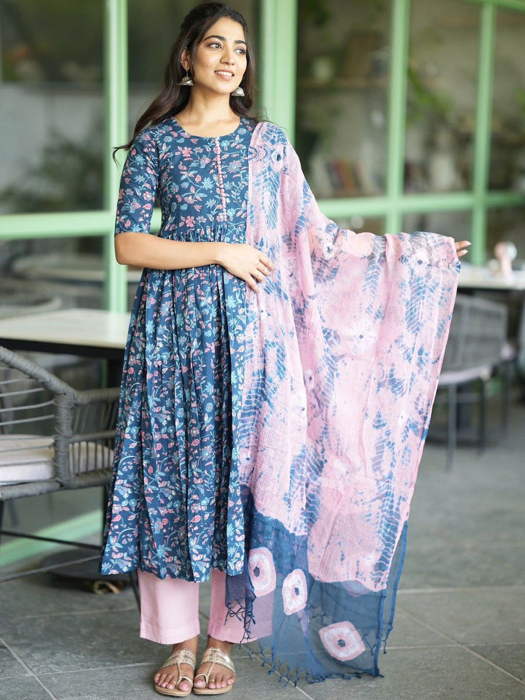 Dhimhi Women's Floral Printed Pleated Kurta with Trouser & Dupatta