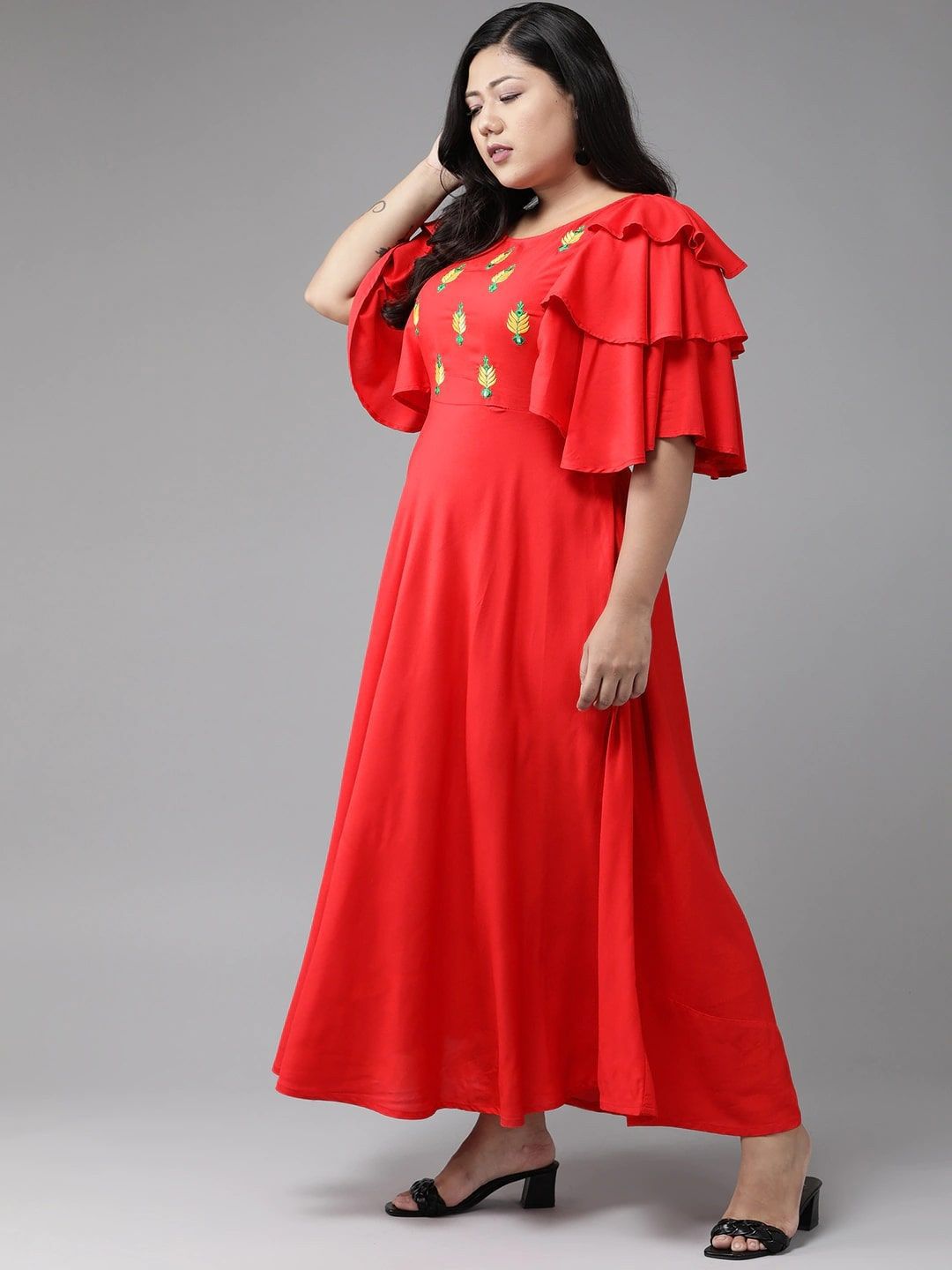 Dhimhi Women's Embroidered Fit and Flare Maxi Ethnic dress