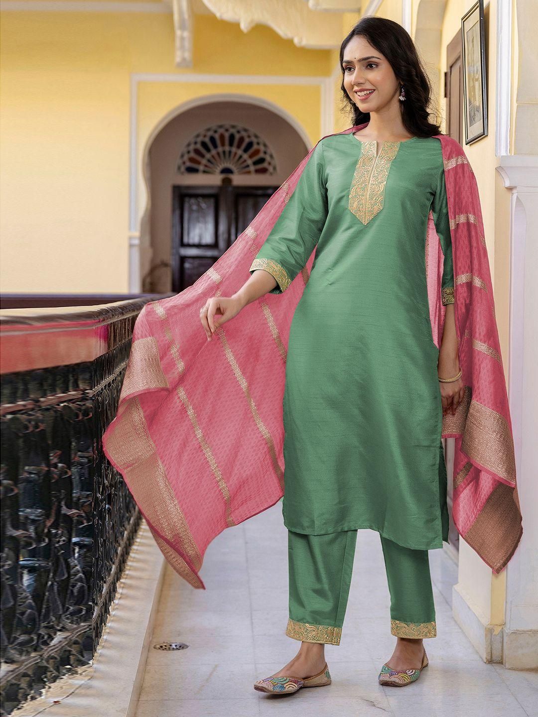 Dhimhi Women's Green Silk Blend Embroidered Straight Kurta Trousers With Dupatta