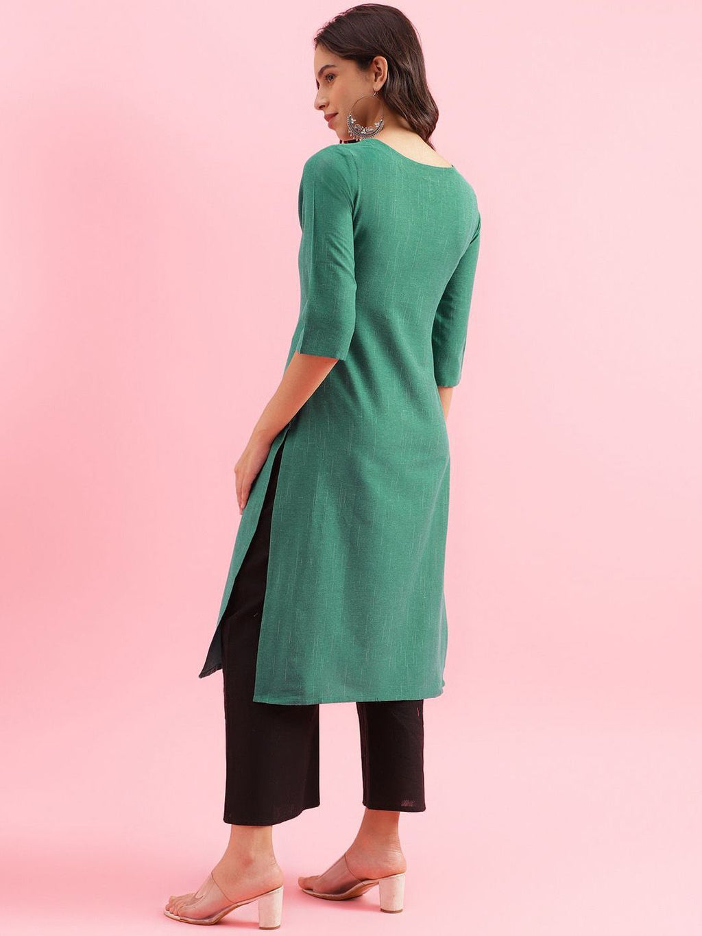 Woven Design Round Neck Straight Kurta