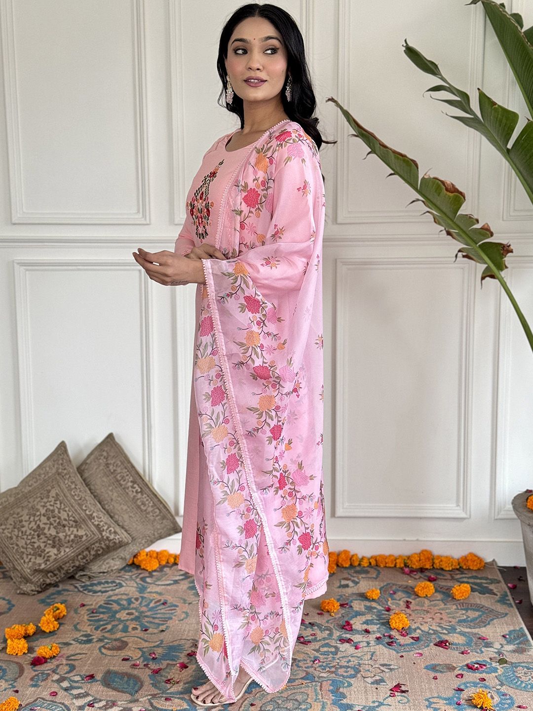 Dhimhi Women's Floral Embroidered Round Neck Straight Kurta With Trousers And Dupatta