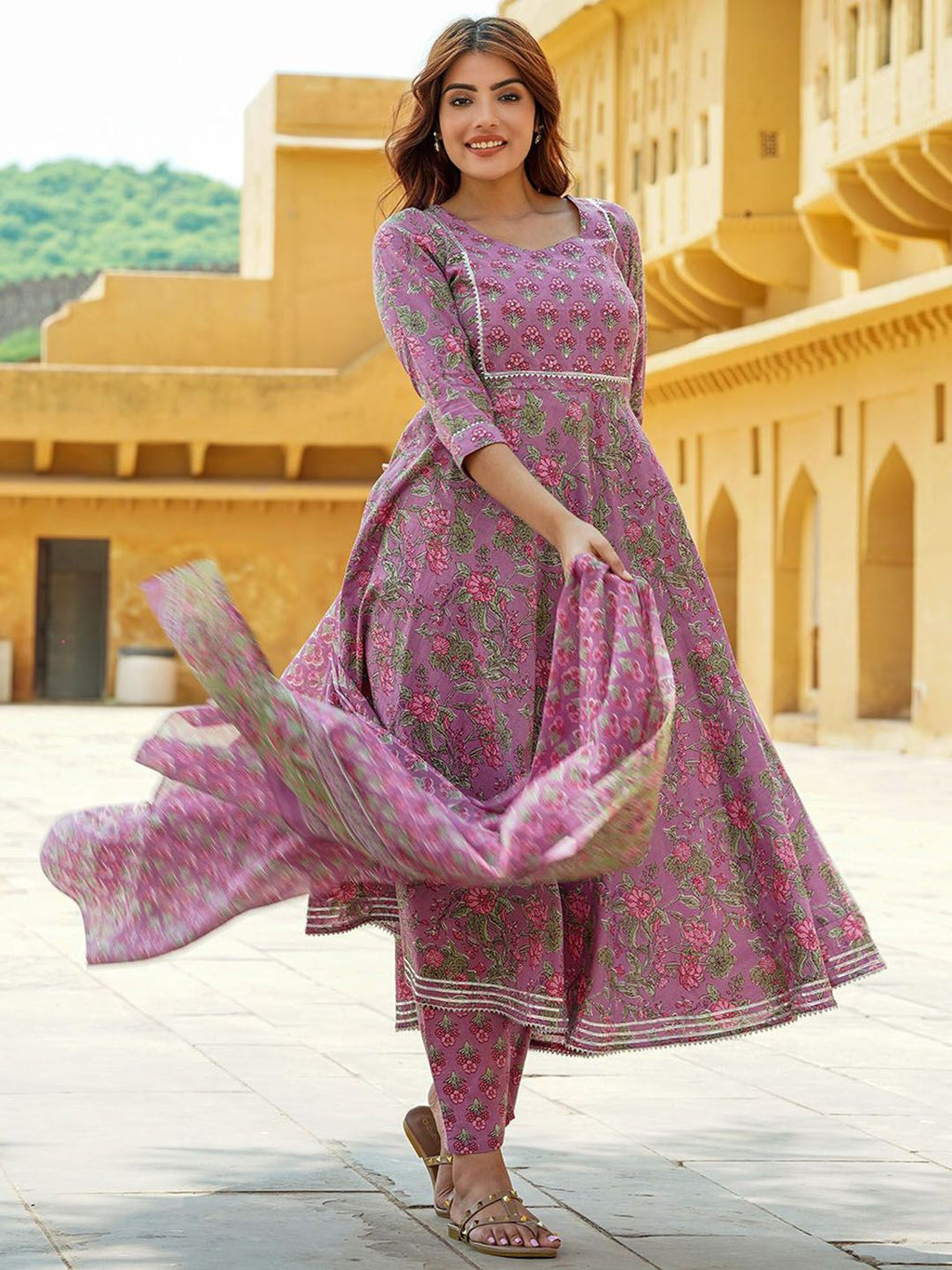 Dhimhi women's floral printed cotton Anarkali kurta set with trousers and dupatta, showcasing vibrant floral patterns and traditional design.