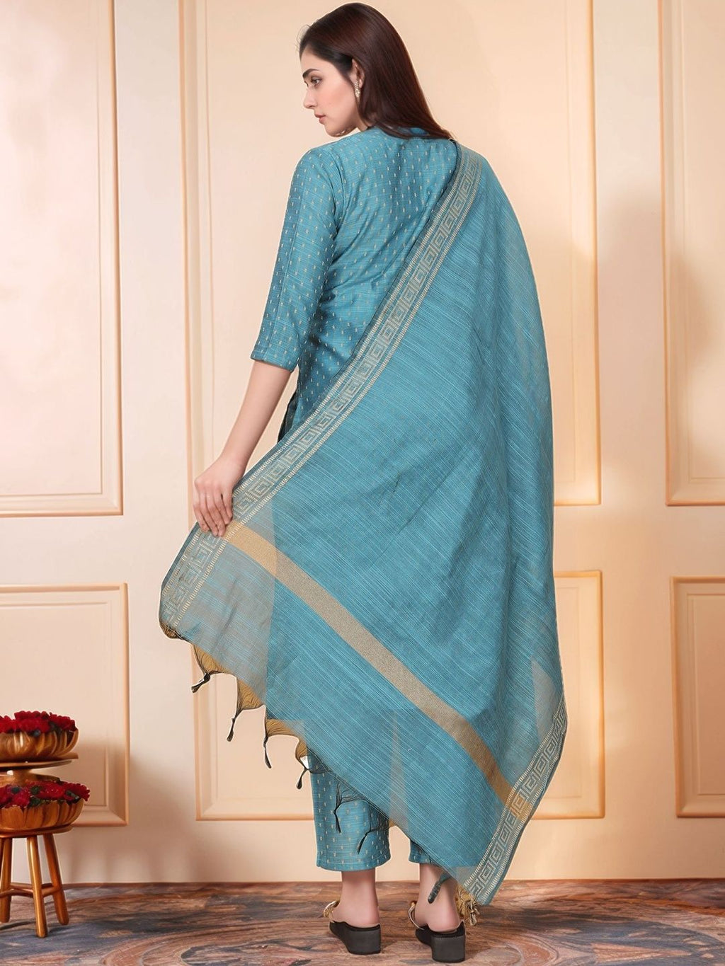 Dhimhi women's regular kurta set with matching trousers and dupatta, featuring traditional embroidery and comfortable fit.