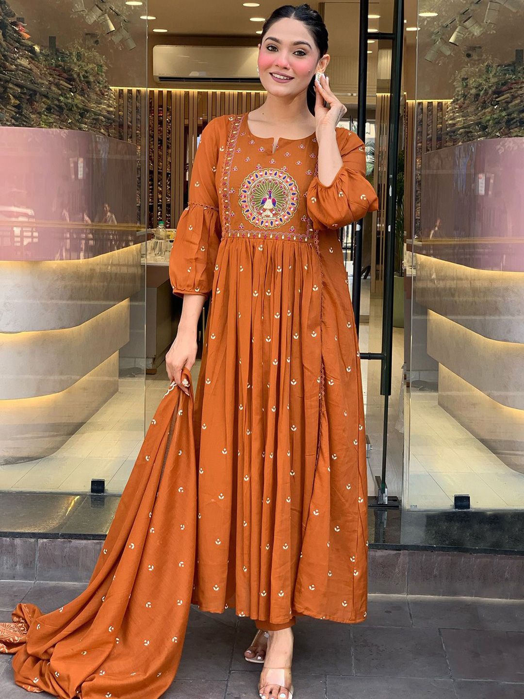 Dhimhi Women's Woven Design Embroidered Anarkali Kurta with Trousers & Dupatta