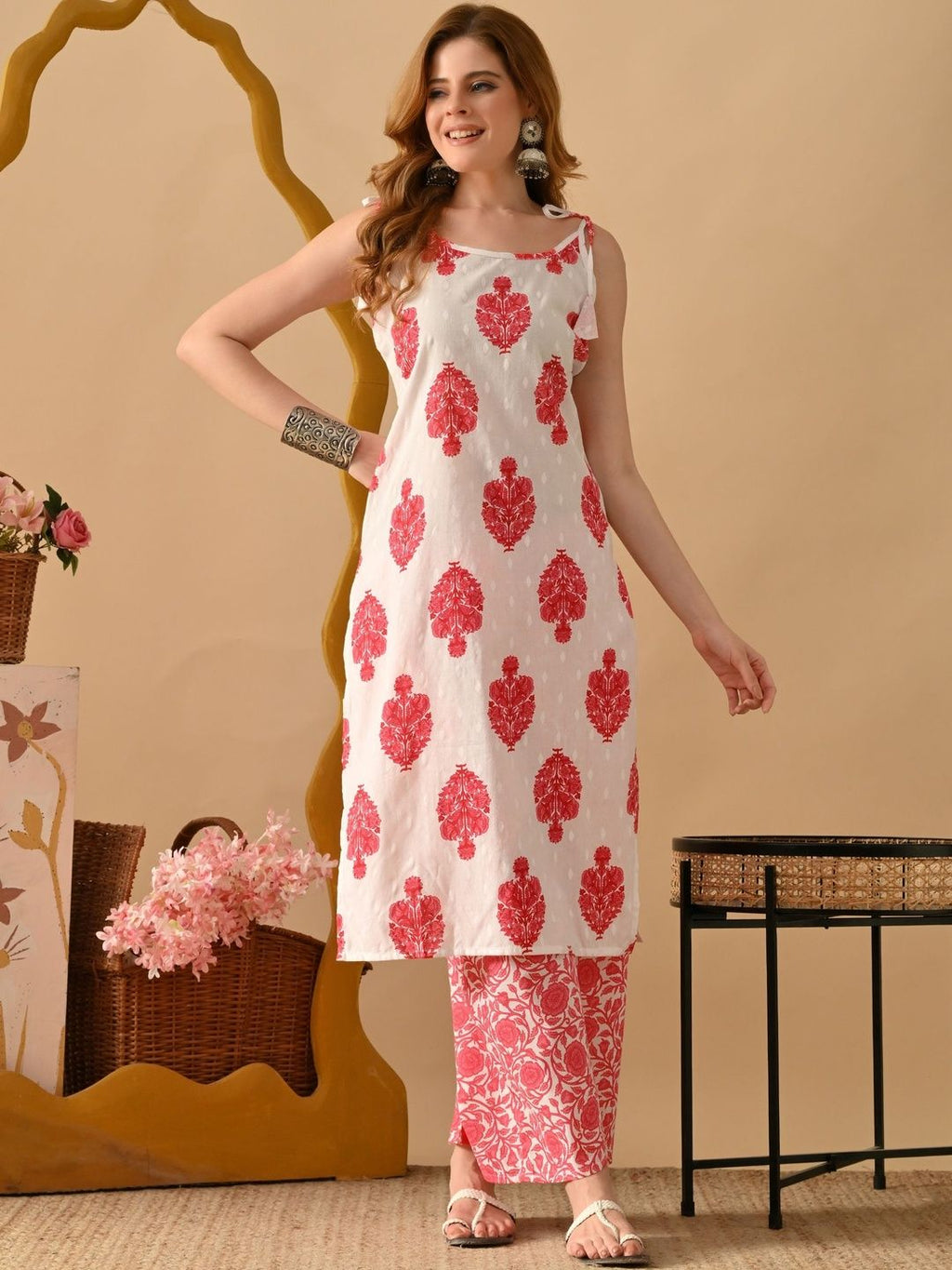 Dhimhi Women's White & Pink Pure Cotton Floral Printed Kurta Set With Palazzos & Dupatta