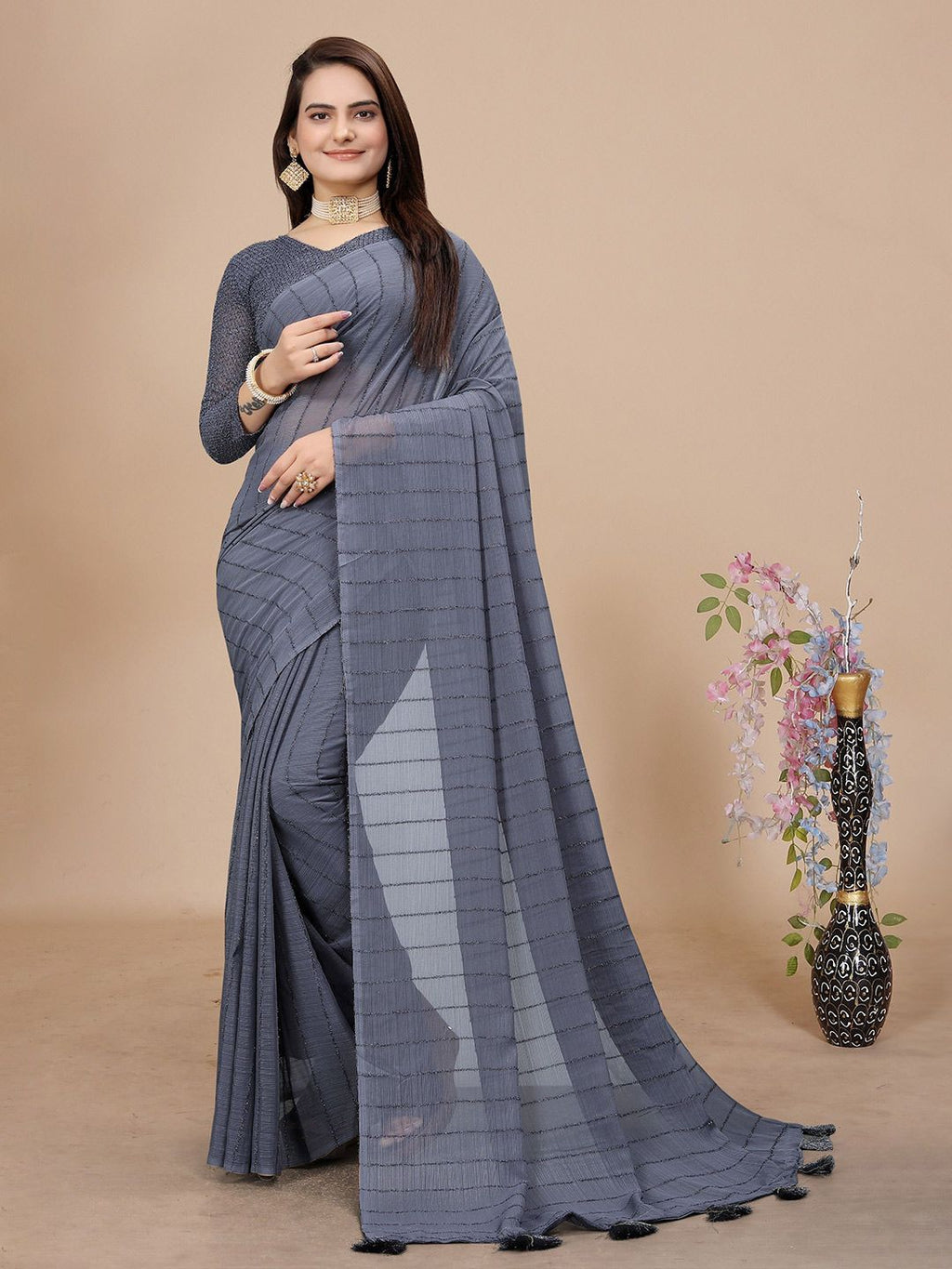 Dhimhi Women's Striped Pure Chiffon Saree