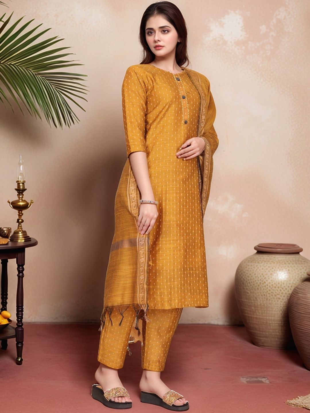Dhimhi Women's Ethnic Motifs Printed Regular Kurta with Trousers & With Dupatta