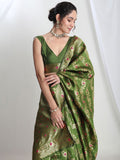 Dhimhi Women's Women Green Silk Blend Floral Woven Design Jacquard Saree