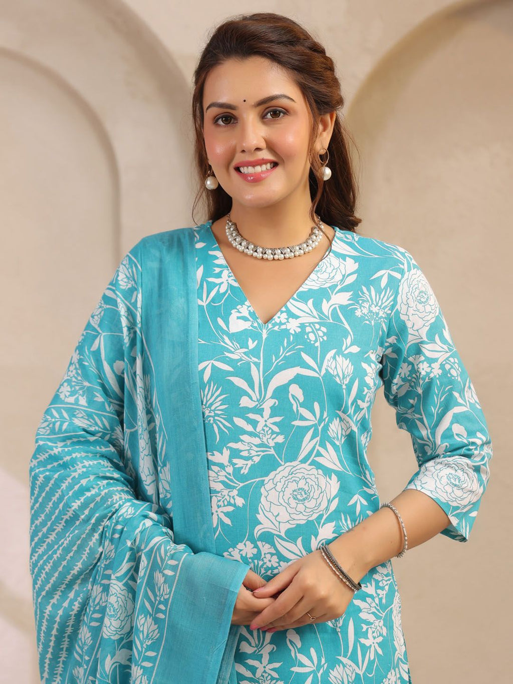 Dhimhi Women's Floral Printed Cotton Kurta with Trousers & Dupatta