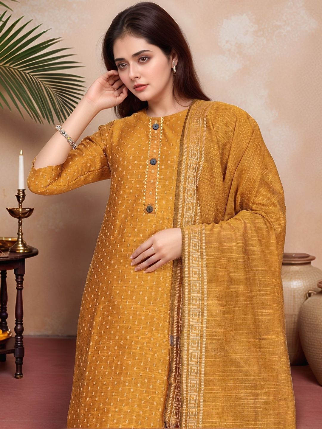 Dhimhi Women's Ethnic Motifs Printed Regular Kurta with Trousers & With Dupatta