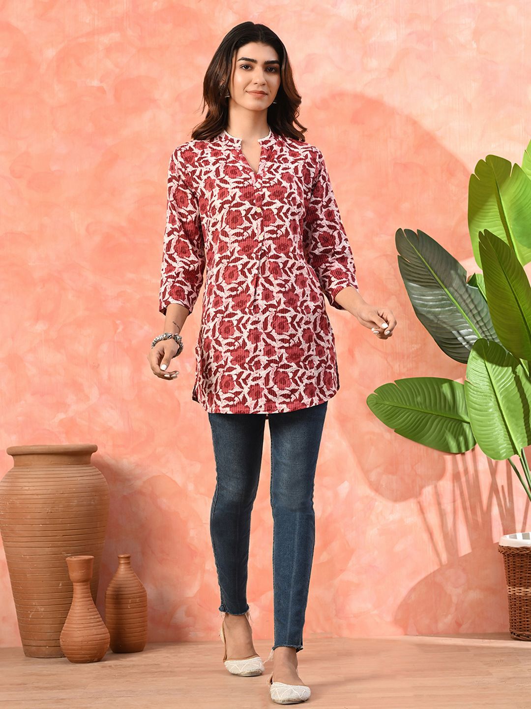 Dhimhi Women's Floral Printed Pure Cotton Three Quarter Sleeve Tunic