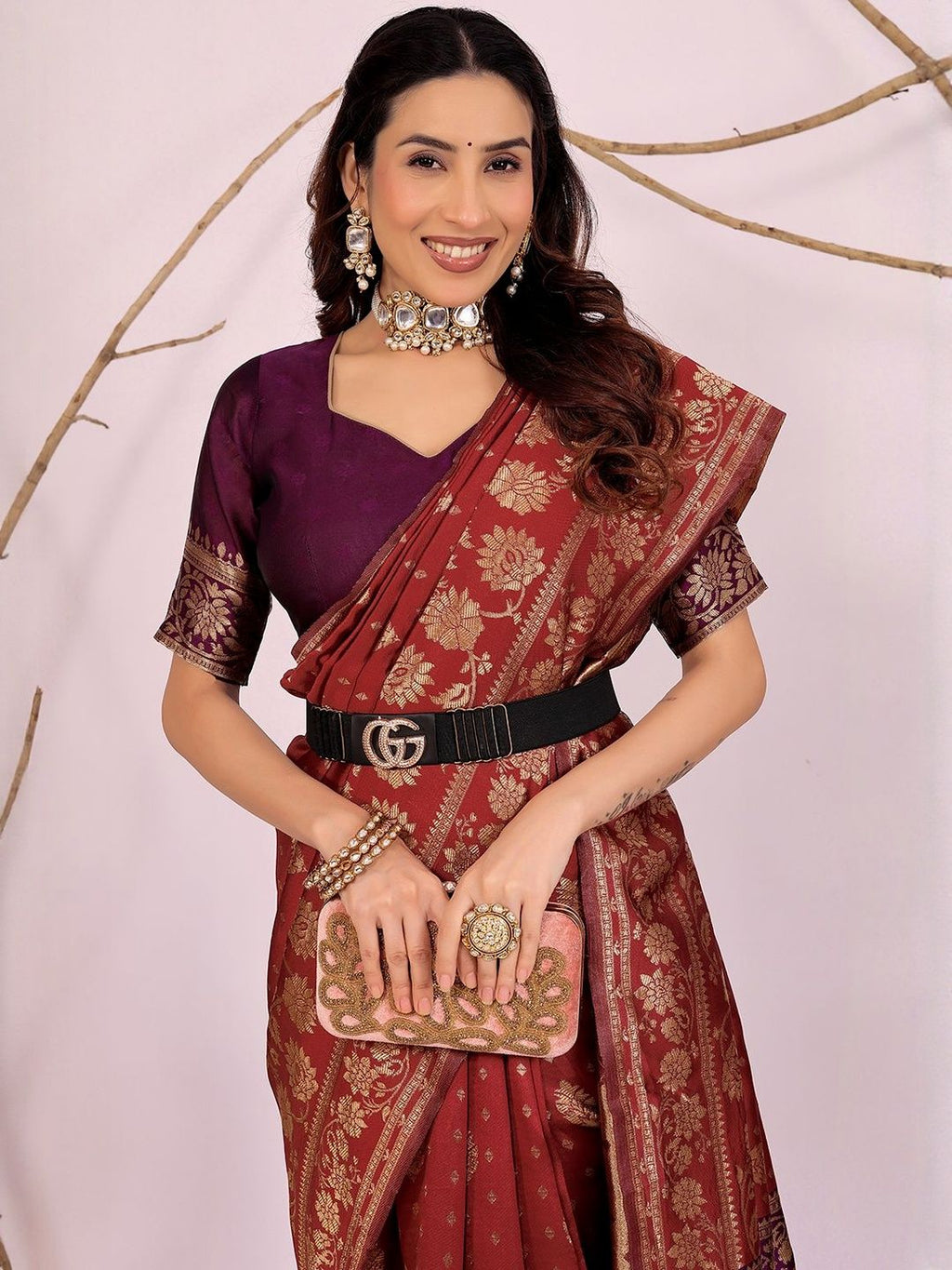 Dhimhi Women's Maroon Woven Design Silk Cotton Kanjeevaram Sarees