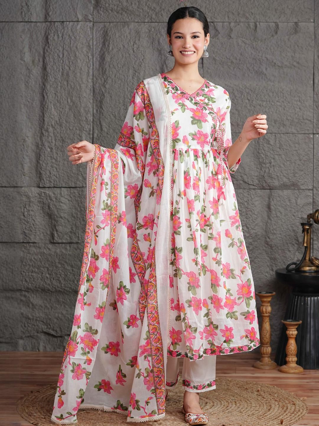 Dhimhi Women Anarkali Kurta & Angarkha Pattern & Embroidery Work Kurta Trousers & Dupatta