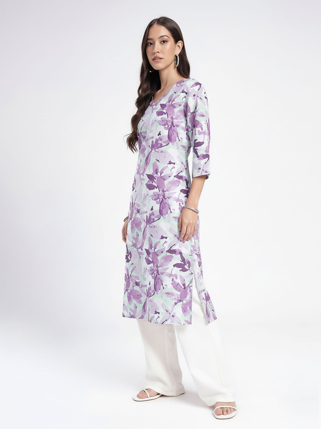 V-Neck Floral Printed Straight Kurta