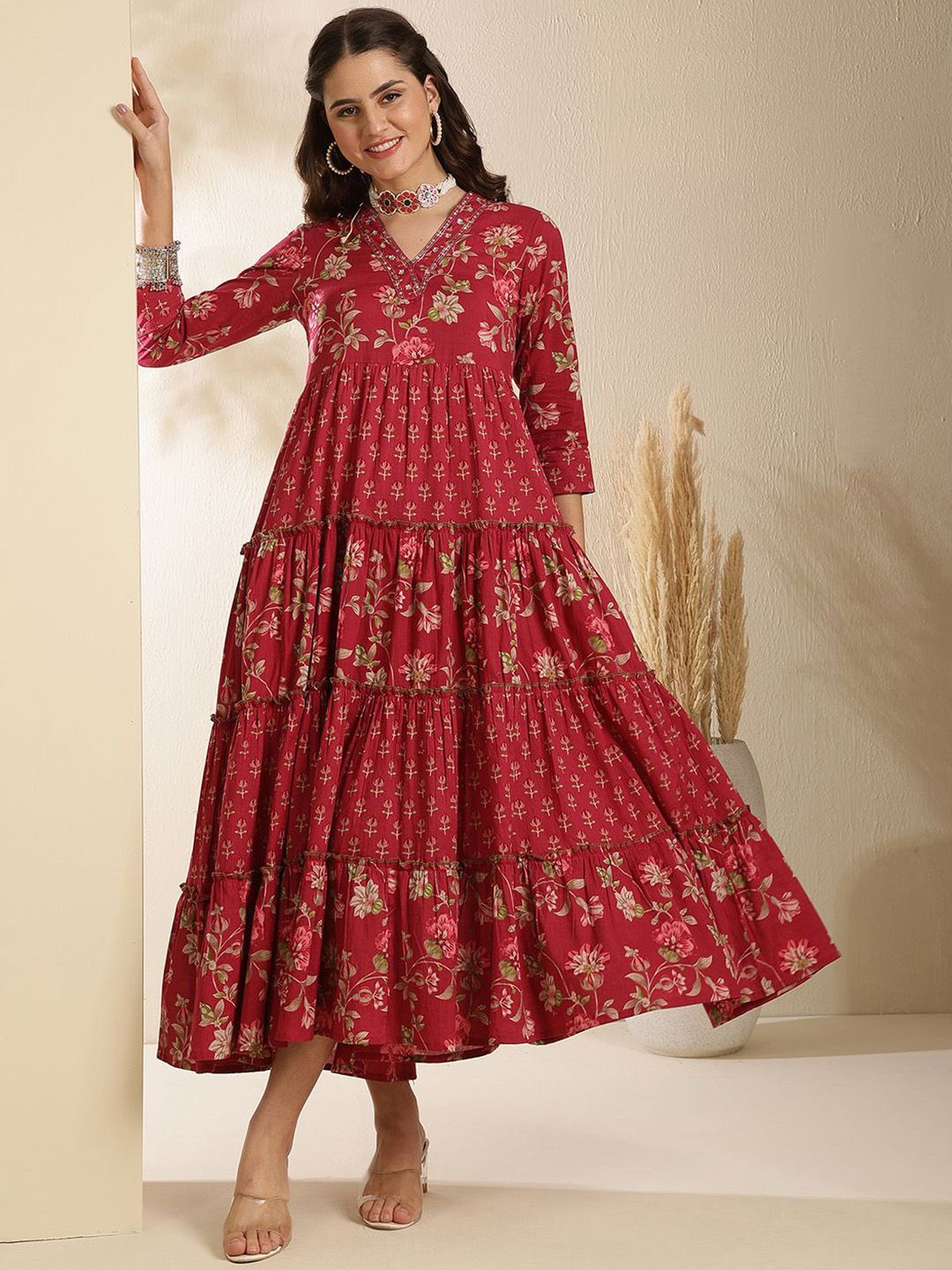 Dhimhi Women's Ethnic Motifs Printed V-Neck Tiered Cotton Fit and Flare Ethnic Midi Dress