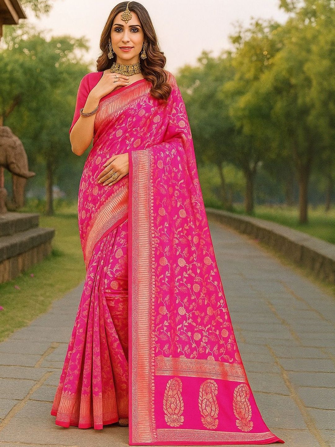 Dhimhi Women's Pink Silk Cotton Woven Design Sarees
