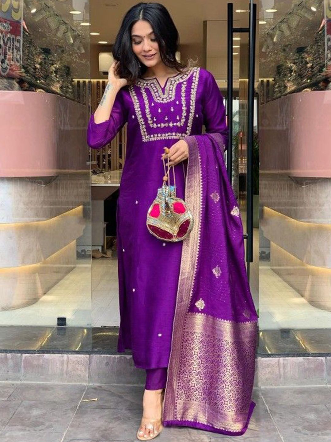 Dhimhi Women's Ethnic Motifs Embroidered Regular Kurta with Trousers & With Dupatta