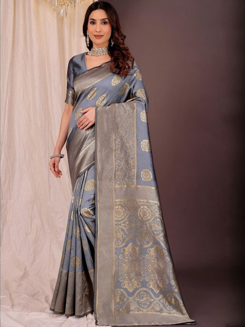 Dhimhi Women's Grey Silk Cotton Woven Design Sarees