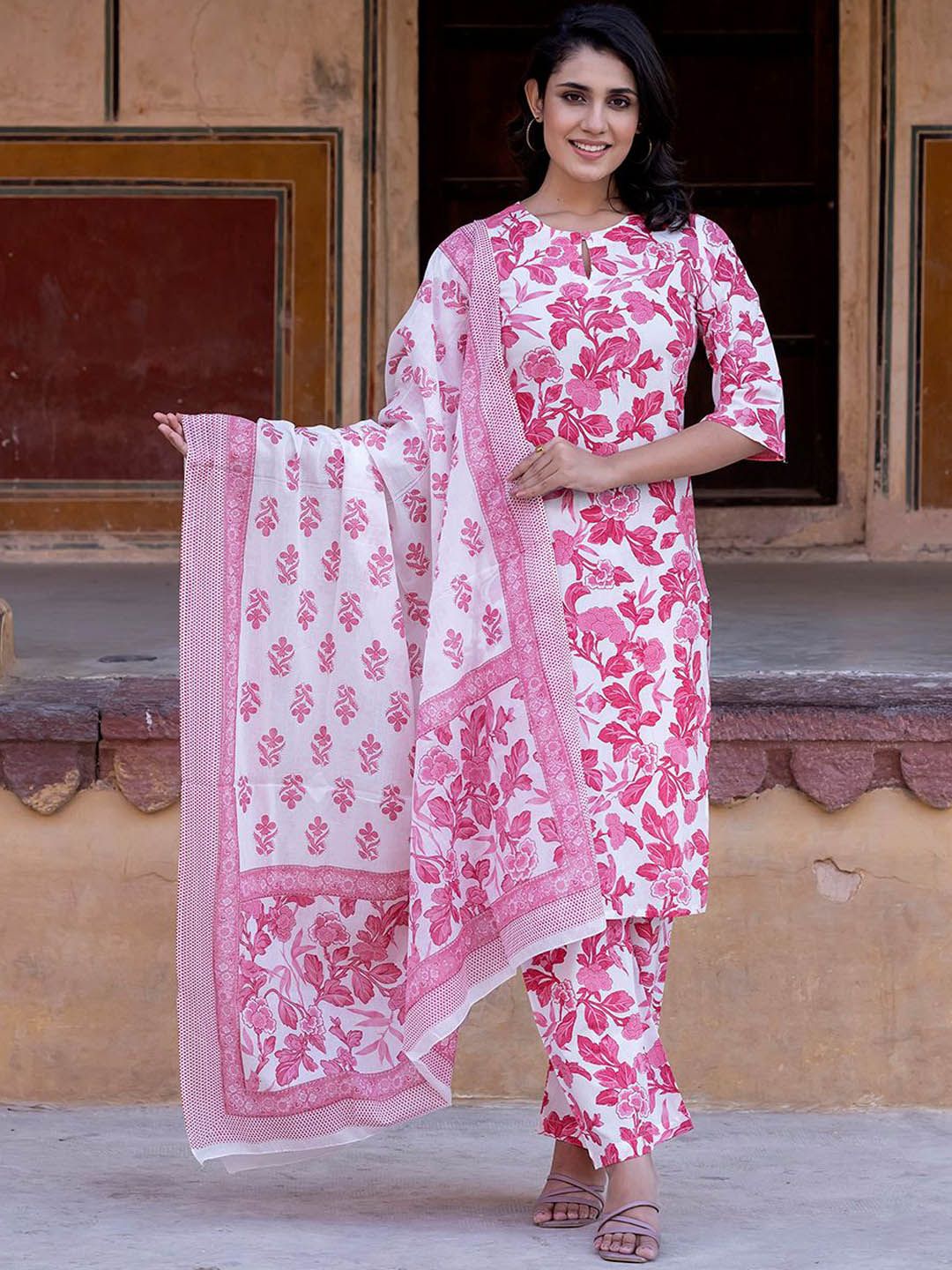 Dhimhi Women's Floral Printed Straight Pure Cotton Kurta With Trousers & Dupatta