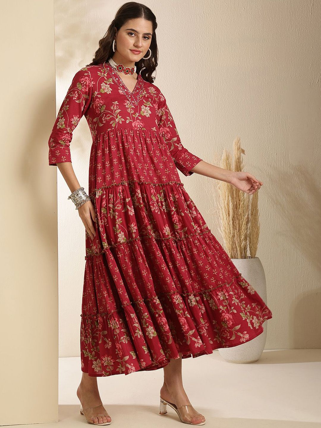 Dhimhi Women's Ethnic Motifs Printed V-Neck Tiered Cotton Fit and Flare Ethnic Midi Dress