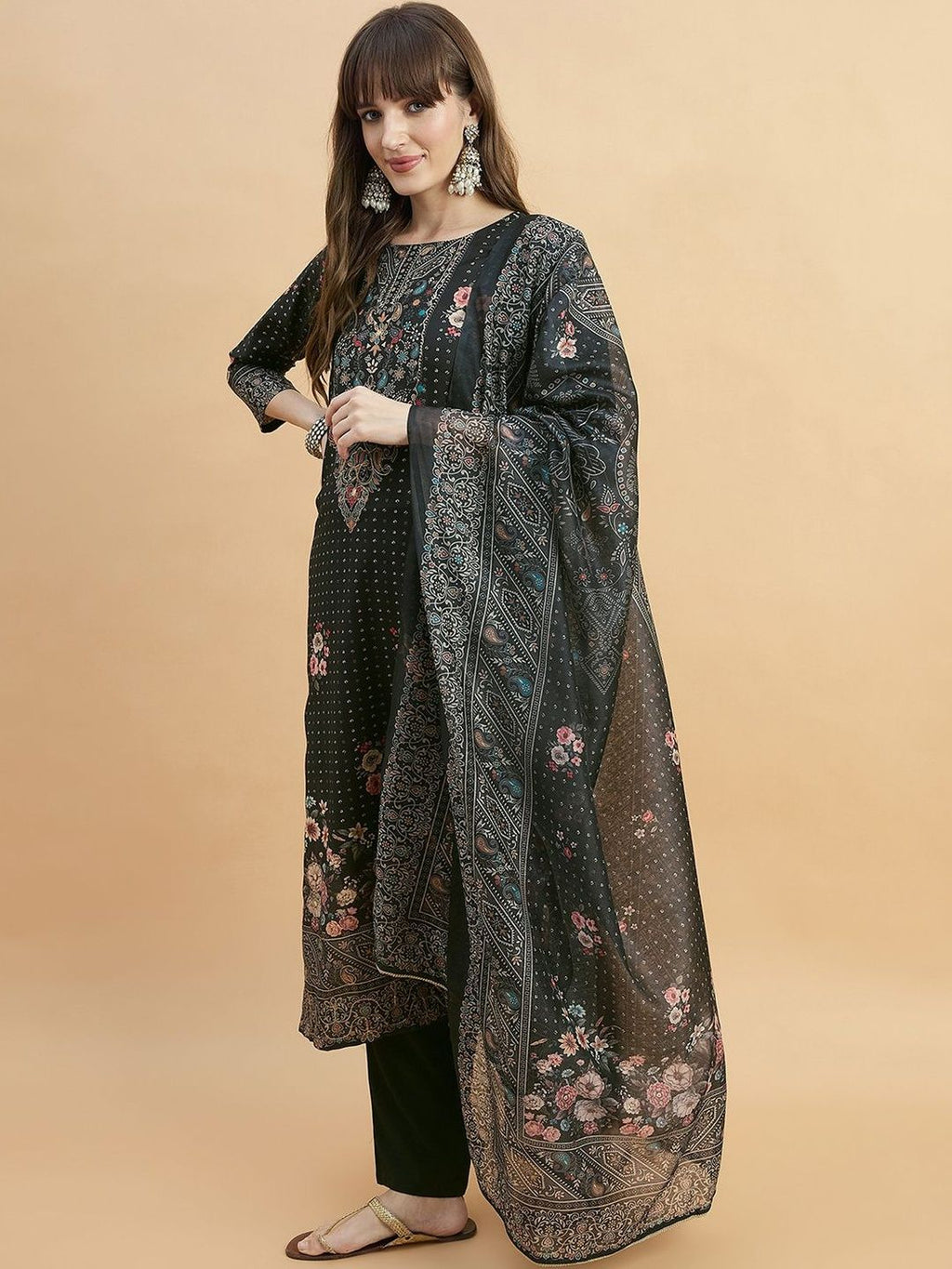 Dhimhi Women Aari Hand Work Digital Printed Kurta with Trousers & Dupatta