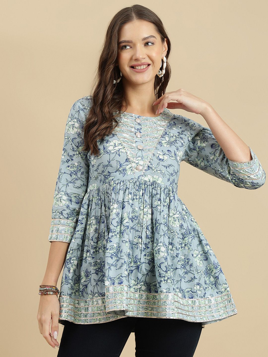 Dhimhi Women's Floral Printed Round Neck Cotton Top