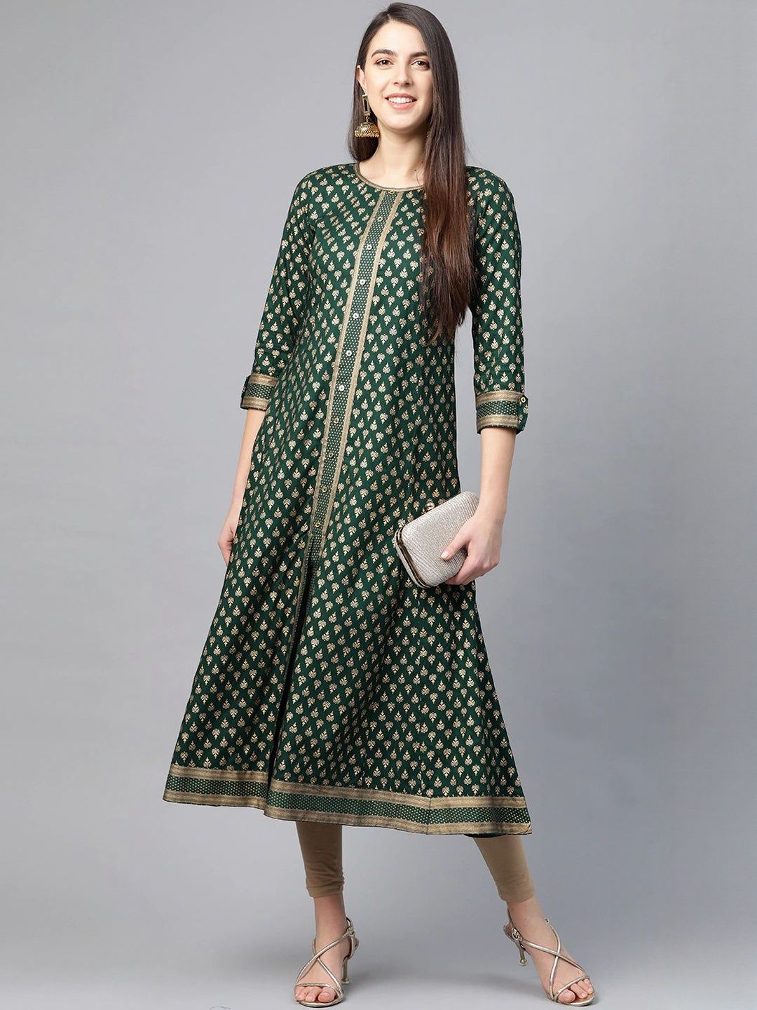 Women Green Viscose Rayon Printed A-Line Kurtas