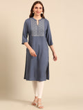 Grey Floral Yoke Designed Mandarin Collar Thread Work Cotton Straight Kurta