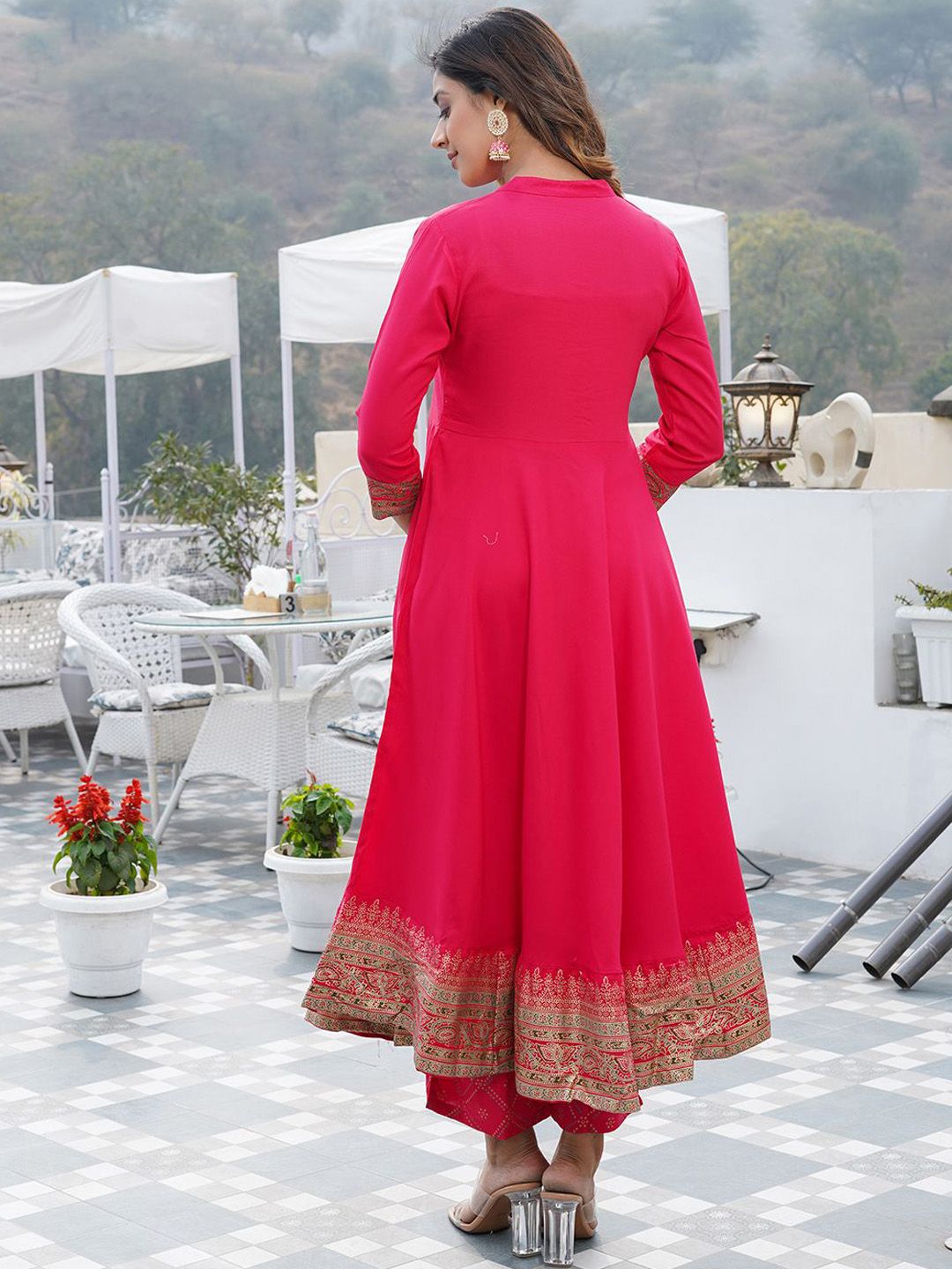 Dhimhi Women's Ethnic Motifs Printed Mandarin Collar Anarkali Kurta with Trouser & Dupatta