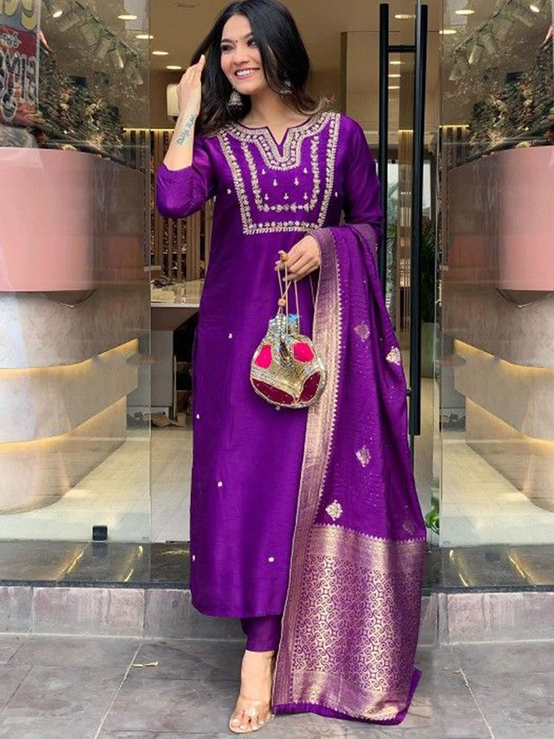 Dhimhi Women's Ethnic Motifs Embroidered Regular Kurta with Trousers & With Dupatta