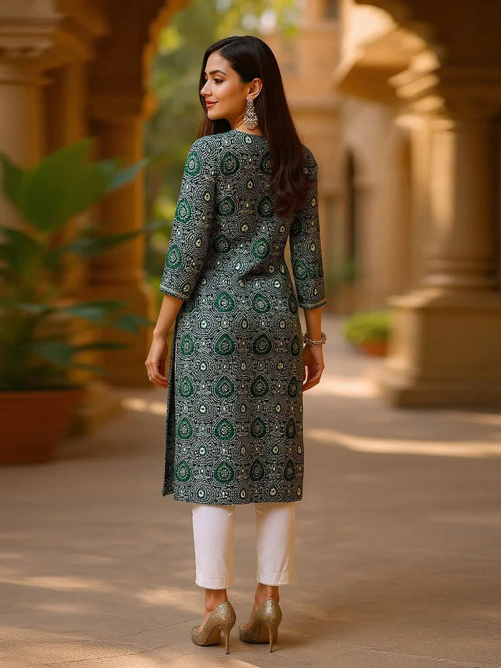 Round Neck Ethnic Motifs Printed Sequinned Kurta