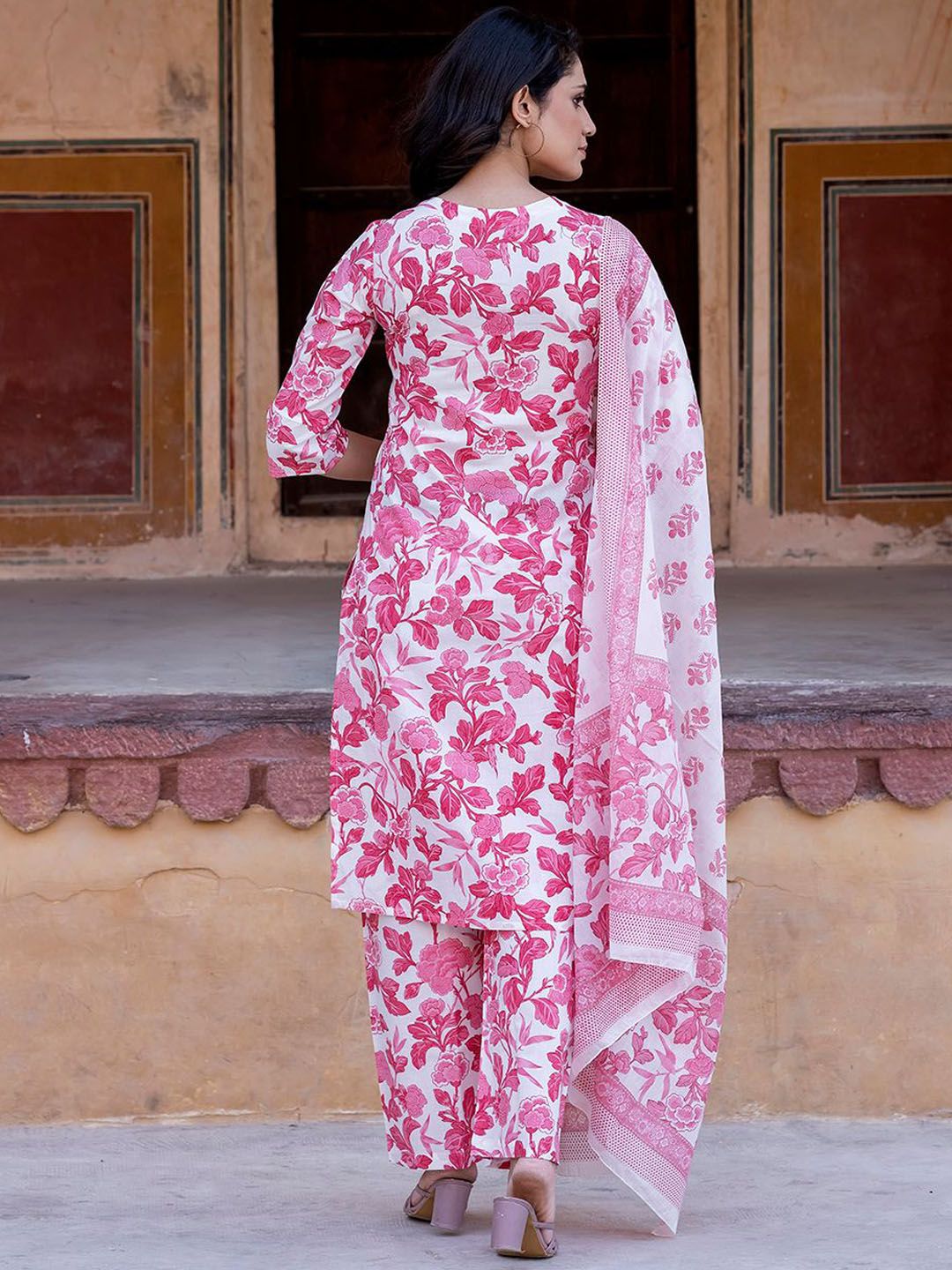 Dhimhi Women's Floral Printed Straight Pure Cotton Kurta With Trousers & Dupatta