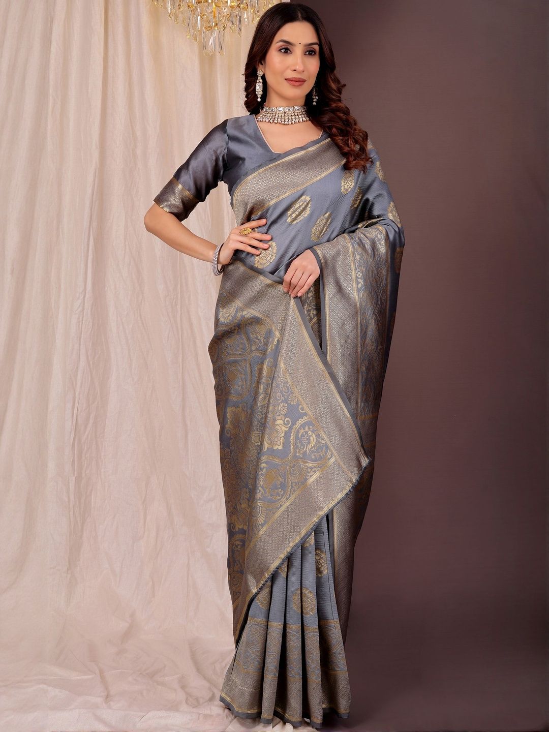 Dhimhi Women's Grey Silk Cotton Woven Design Sarees