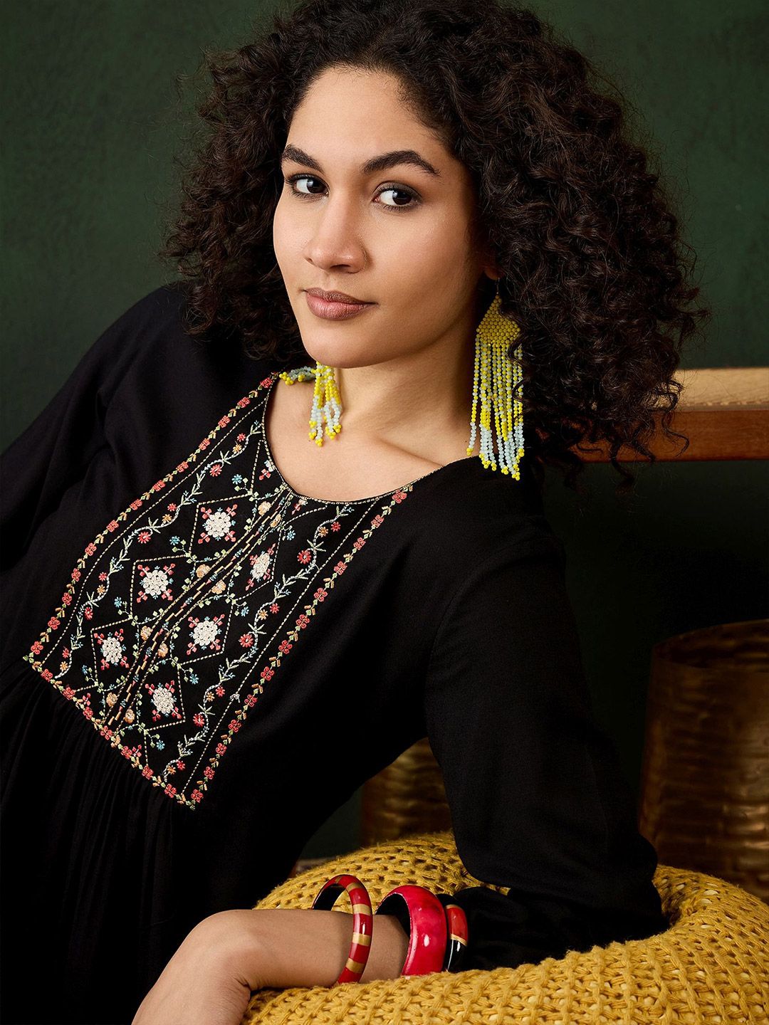 Dhimhi Women's Floral Embroidered Round Neck Top