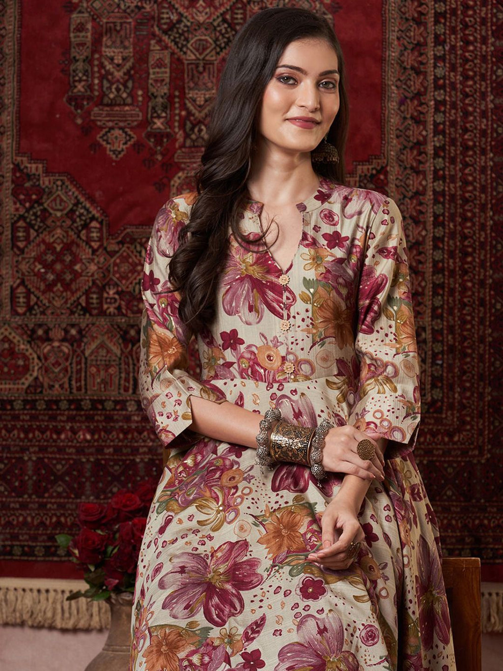 Dhimhi Women's Floral Printed Anarkali Kurta With Trouser